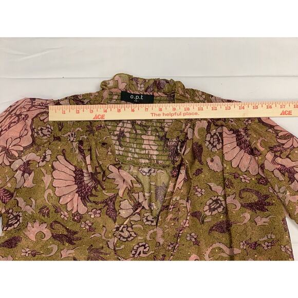 o.p.t One Pretty Time Smocked Tie Peasant Blouse Floral Metallic Threads size XS - Picture 8 of 15